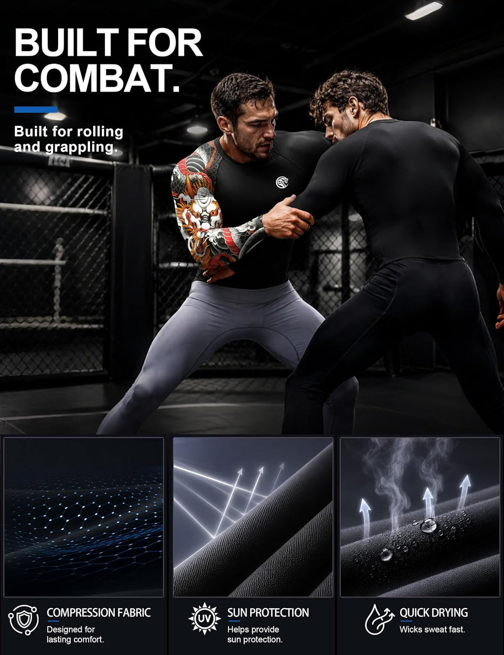 Men's UPF 50+ BJJ Rash Guard, Jiu Jitsu Long Sleeve Compression Shirts, MMA Athletic Base Layer Wrestling Grappling