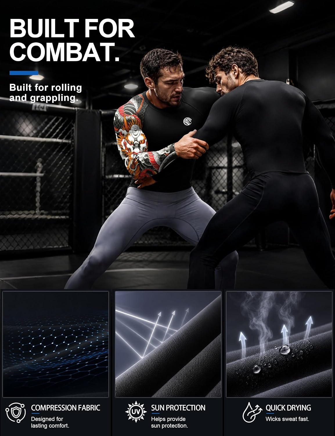 Men's UPF 50+ BJJ Rash Guard, Jiu Jitsu Long Sleeve Compression Shirts, MMA Athletic Base Layer Wrestling Grappling