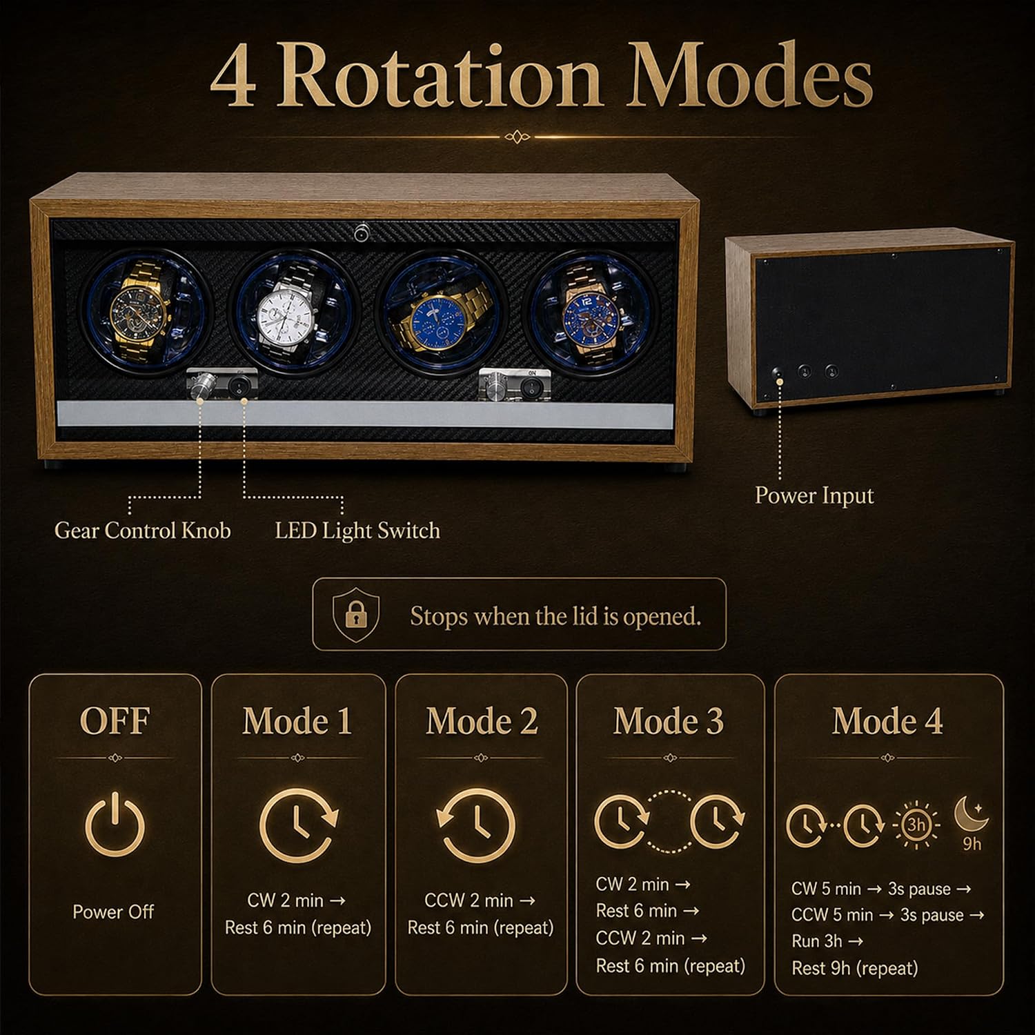 4 Slots Watch Winder for Automatic Watches, Walnut Winding Watch Box with Blue LED & Japanese Quiet Motor for Rolex