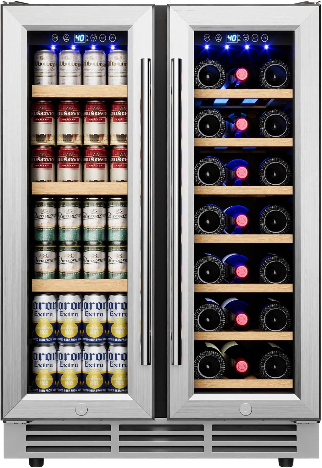 24" Wine and Beverage Refrigerator, 88 Cans &21 Bottles Dual Zone