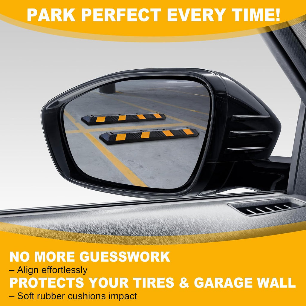 72" Heavy Duty Rubber Parking Stopper for Garage – 6-Foot Long Wheel Stopper with Reflective Stripe, UV-Resistant