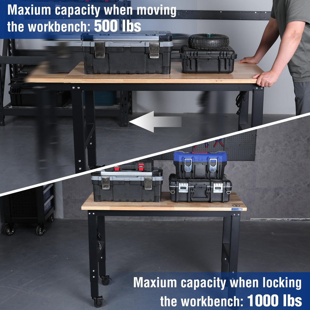 48" Adjustable Workbench with Wheels, Rubber Wood Top