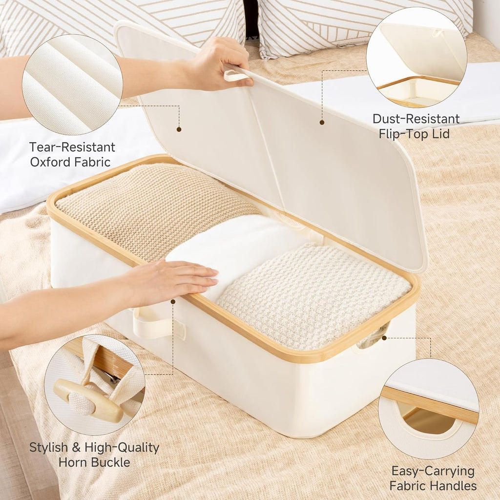 Underbed Storage Containers with Lids, 2-Pack 7" Low Profile Under Bed Storage Box with Bamboo Frame for Clothes