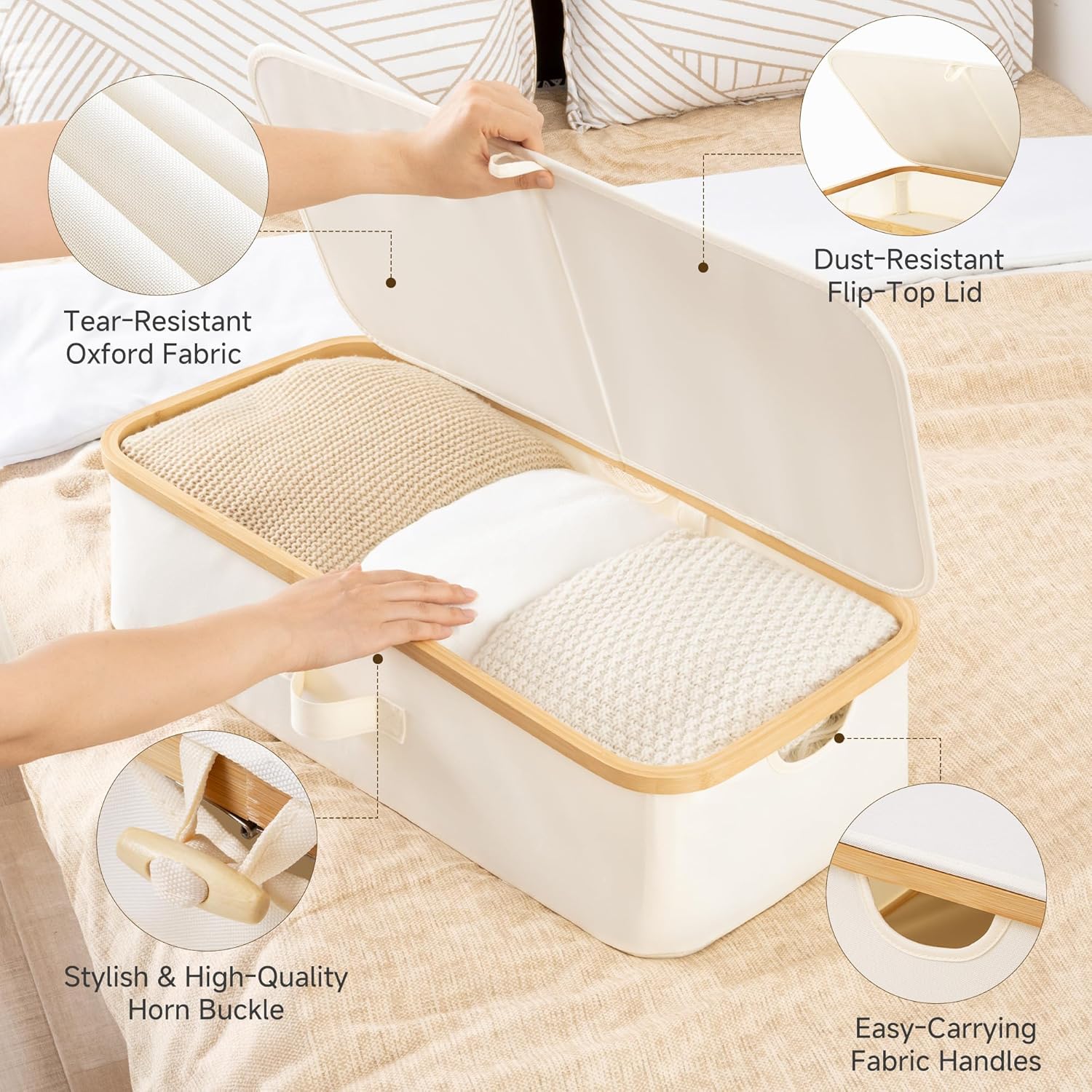 Underbed Storage Containers with Lids, 2-Pack 7" Low Profile Under Bed Storage Box with Bamboo Frame for Clothes