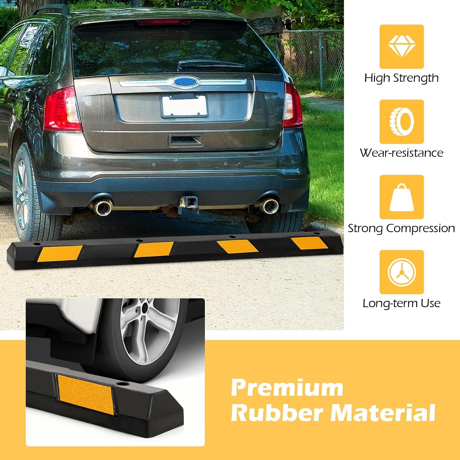 72" Rubber Parking Curb with Yellow Reflective Stripes, 2 Packs | 8800 LBS Weight Capacity Parking Block, Tire Stops