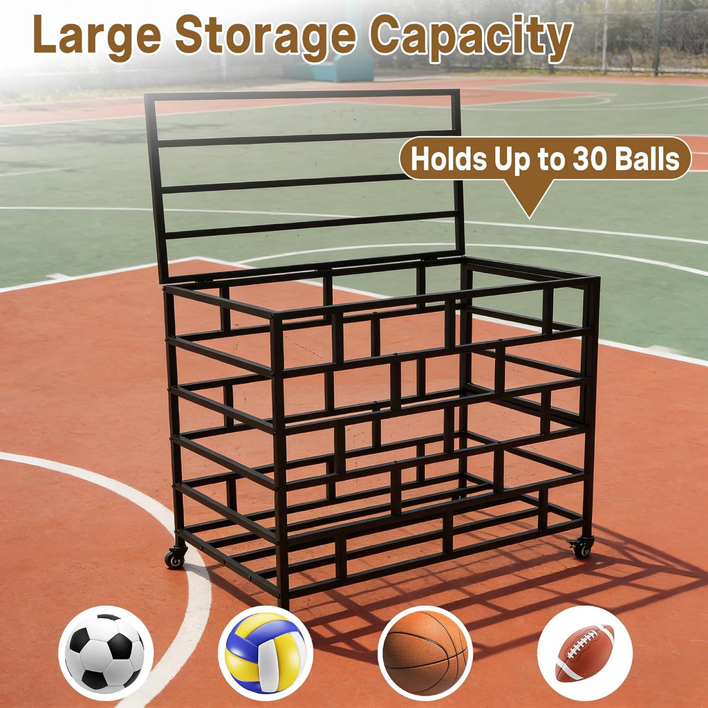 Ball Storage Cart, Lockable Rolling Basketball Storage Bin | Ball Organizer with Wheels, Secure Sports Exercise Ball