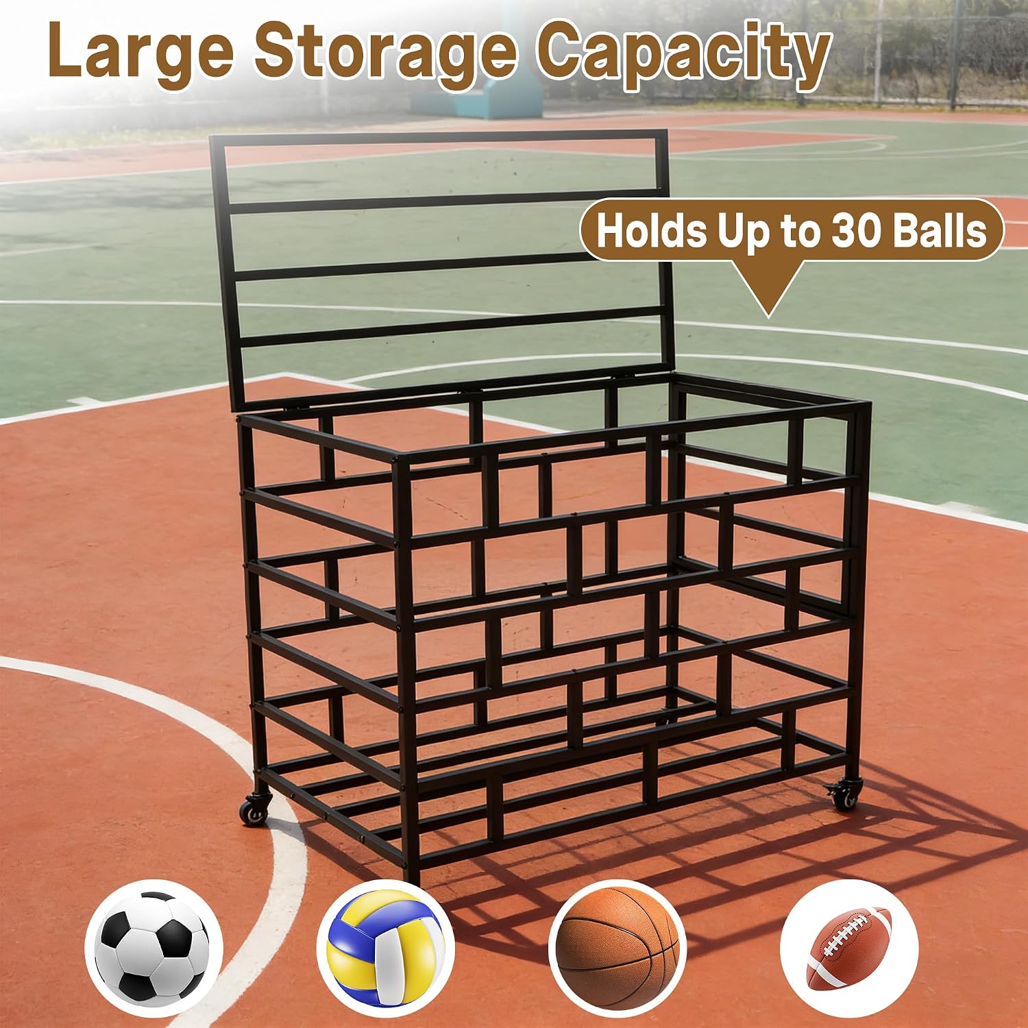Ball Storage Cart, Lockable Rolling Basketball Storage Bin | Ball Organizer with Wheels, Secure Sports Exercise Ball