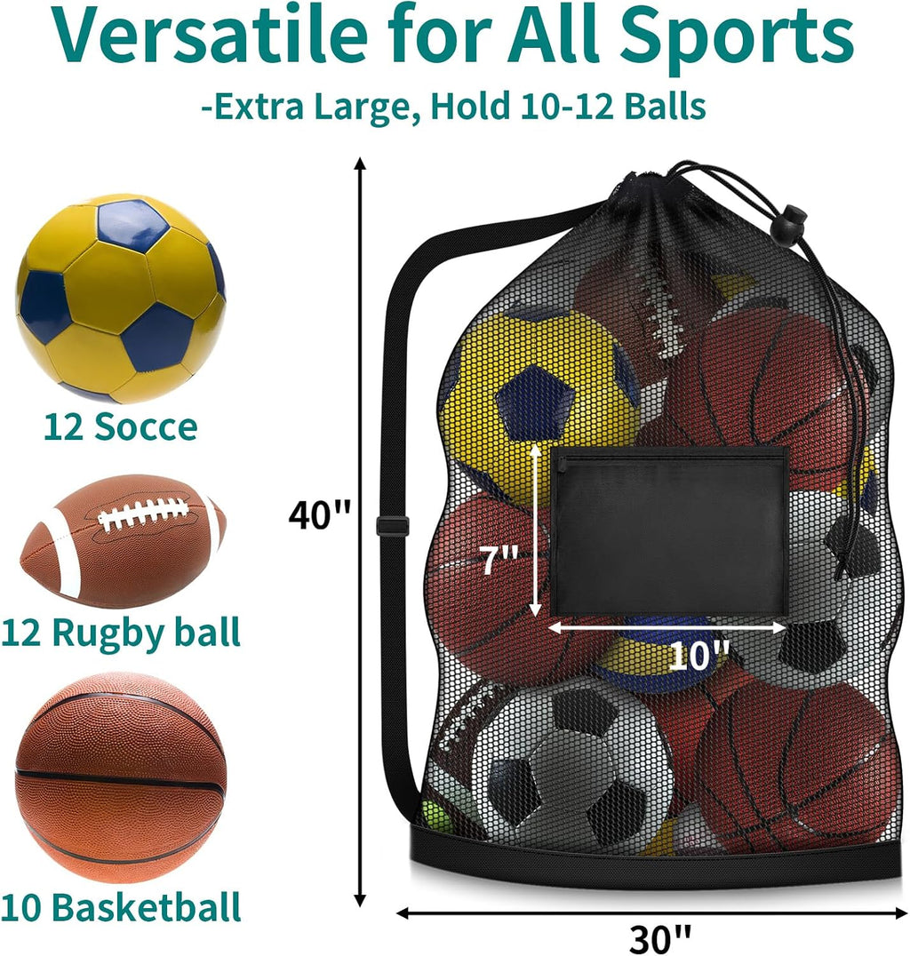 Extra Large Mesh Ball Bag, Heavy Duty 40"x30" Hold 10-12 Soccer Basketball | Drawstring & Adjustable Shoulder Strap