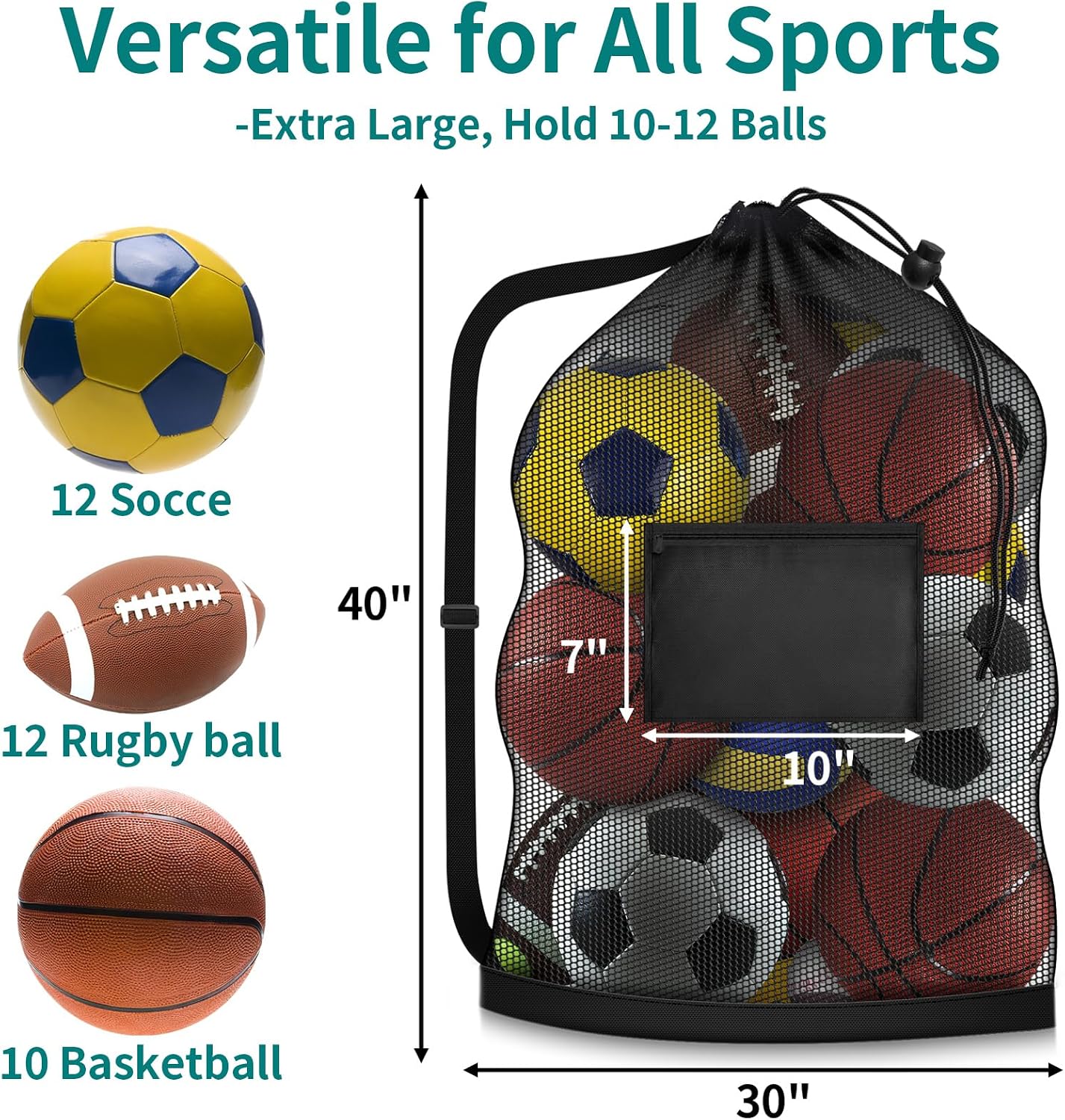 Extra Large Mesh Ball Bag, Heavy Duty 40"x30" Hold 10-12 Soccer Basketball | Drawstring & Adjustable Shoulder Strap