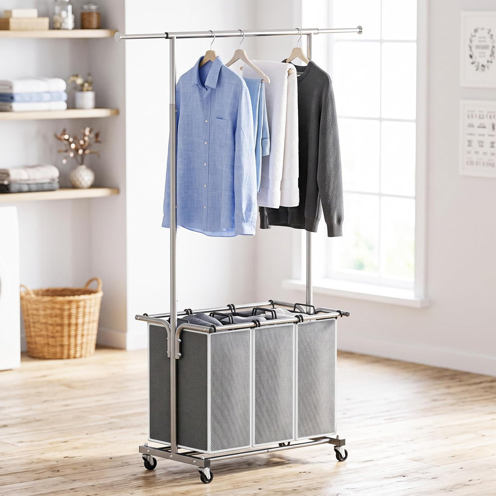 Laundry Sorter Cart with Hanging Rod, Silver | Extendable Width from 30.6 to 48", Removable 3-Section Laundry Basket