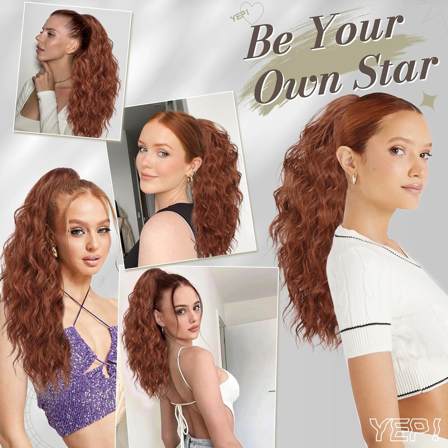18 Inch Claw Clip Auburn Ponytail Extension – Thick Soft Wavy Curly Hairpieces for Women, Synthetic Claw Clip Hair