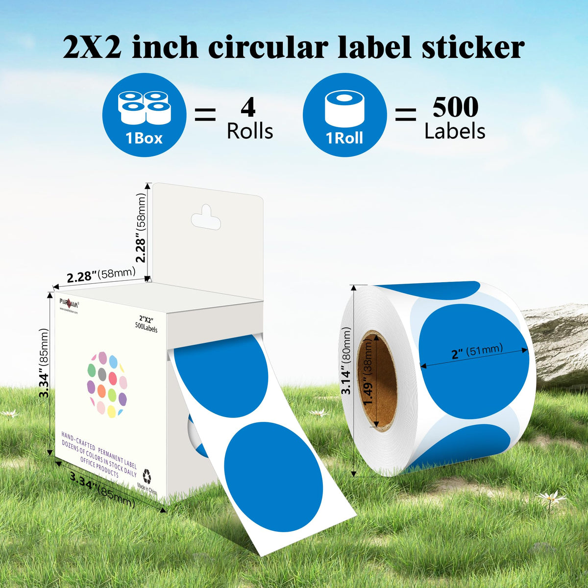 2 Inch Round Adhesive Color-Code Dot Stickers,4Rolls/2000 per Rolls dots Label Dispenser Box, Circle Stickers Label