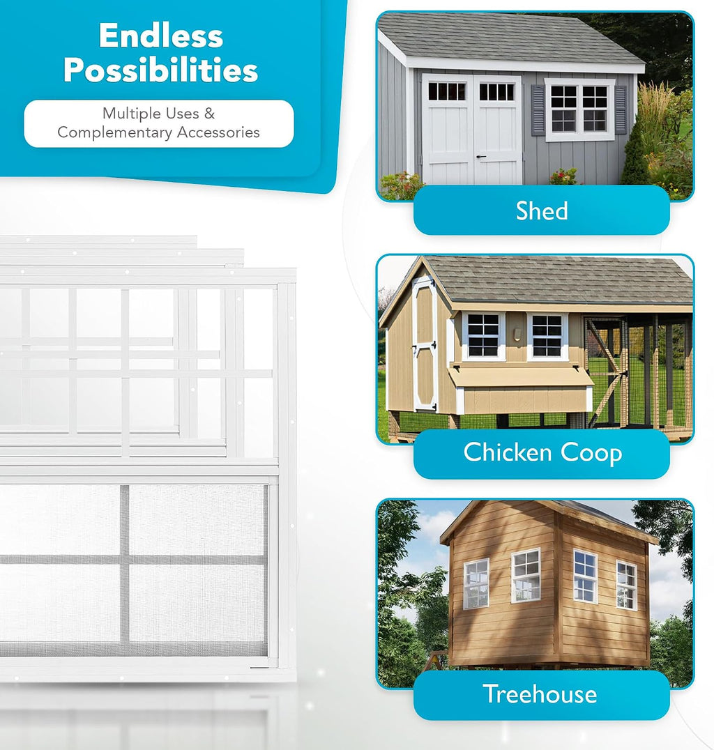 2 Pack Shed Window 14" x 21" - Ultra Thick White Aluminum Flush Mount with Tempered Glass and Screen - Shed Windows