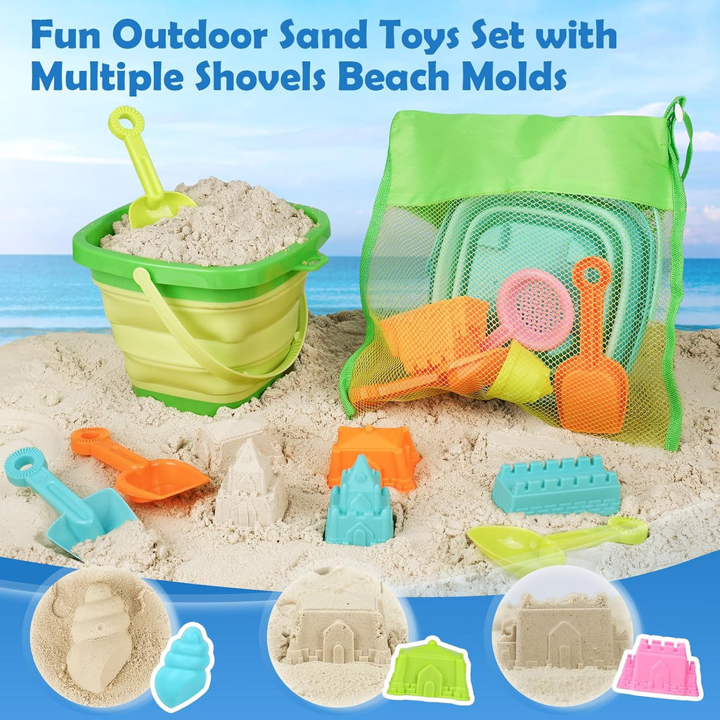 Beach Toys for Kids Toddlers, 3 Collapsible Sand Buckets and Shovels Set | Collapsible Sand Toys with 3 Pack Foldable