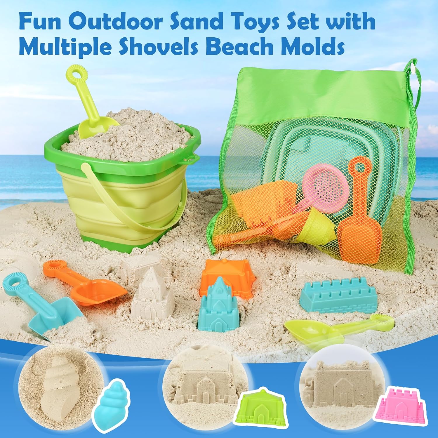 Beach Toys for Kids Toddlers, 3 Collapsible Sand Buckets and Shovels Set | Collapsible Sand Toys with 3 Pack Foldable