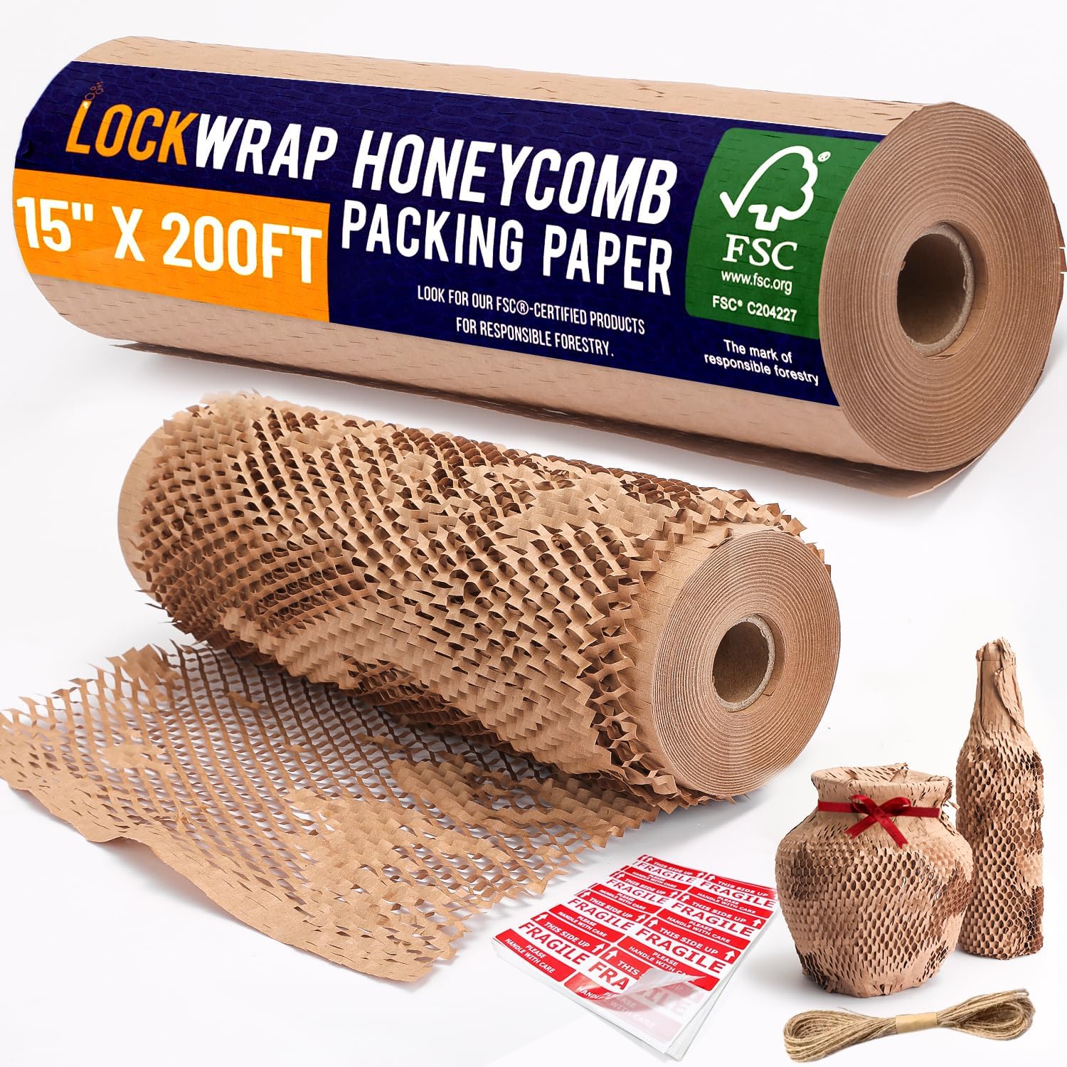 Honeycomb Packing Paper For Moving 12" x 200ft With Rope & Fragile Stickers | Eco Friendly Shipping & Moving Paper
