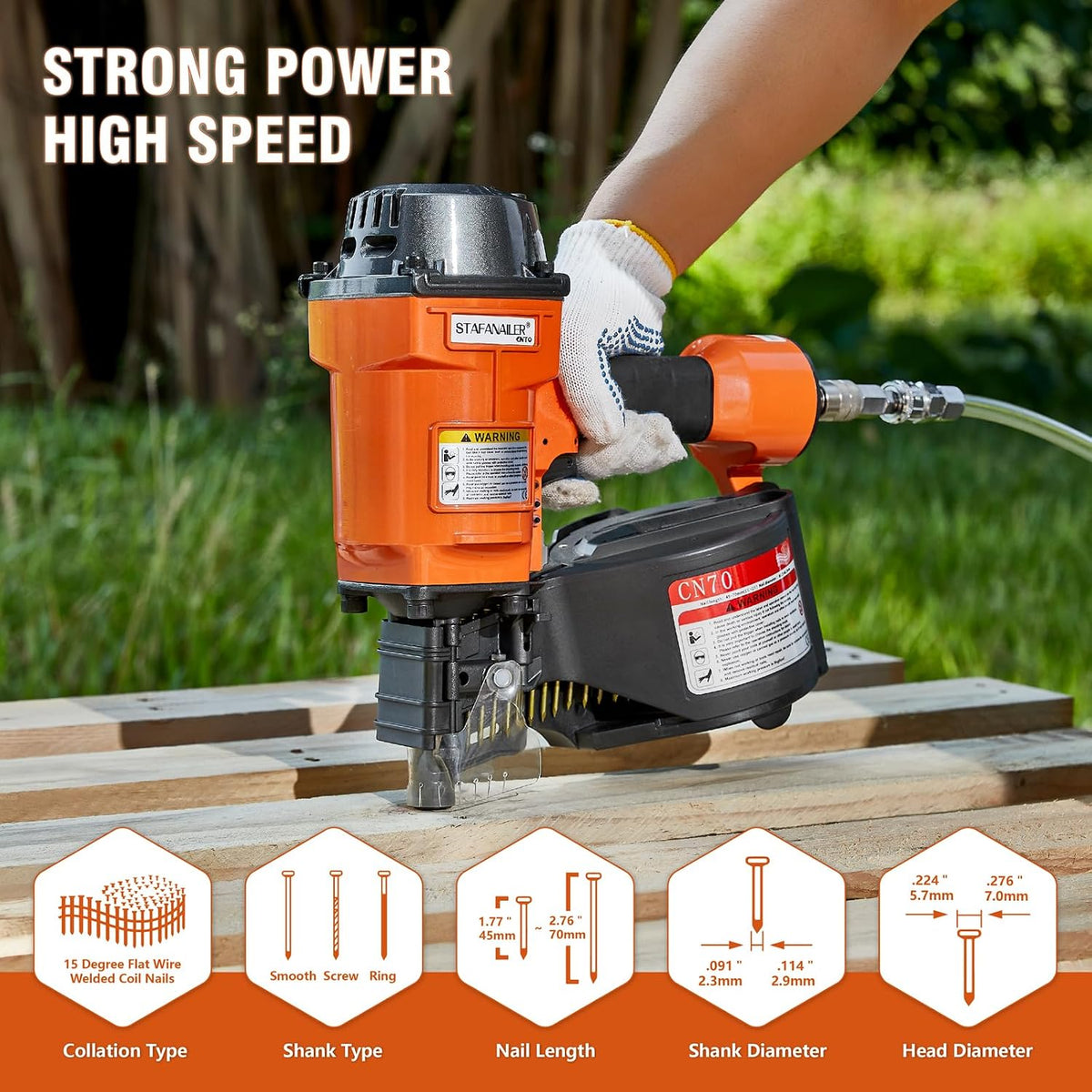 Update CN70 Air Coil Nailer, 15 Degree Pneumatic Coil Nail Gun, 1-3/4" to 2-3/4" Fast Shooting Nailer, High Speed Air