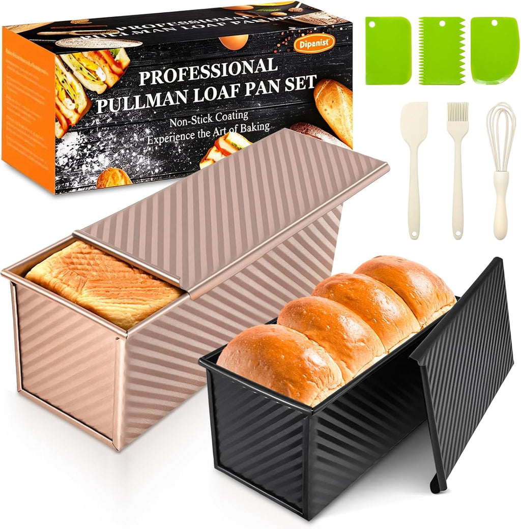 Pullman Loaf Pan with Lid, 2 Pack 2.2 LB & 1 LB Dough Capacity, Non-Stick Carbon Steel Bread Pan for Sandwich Bread