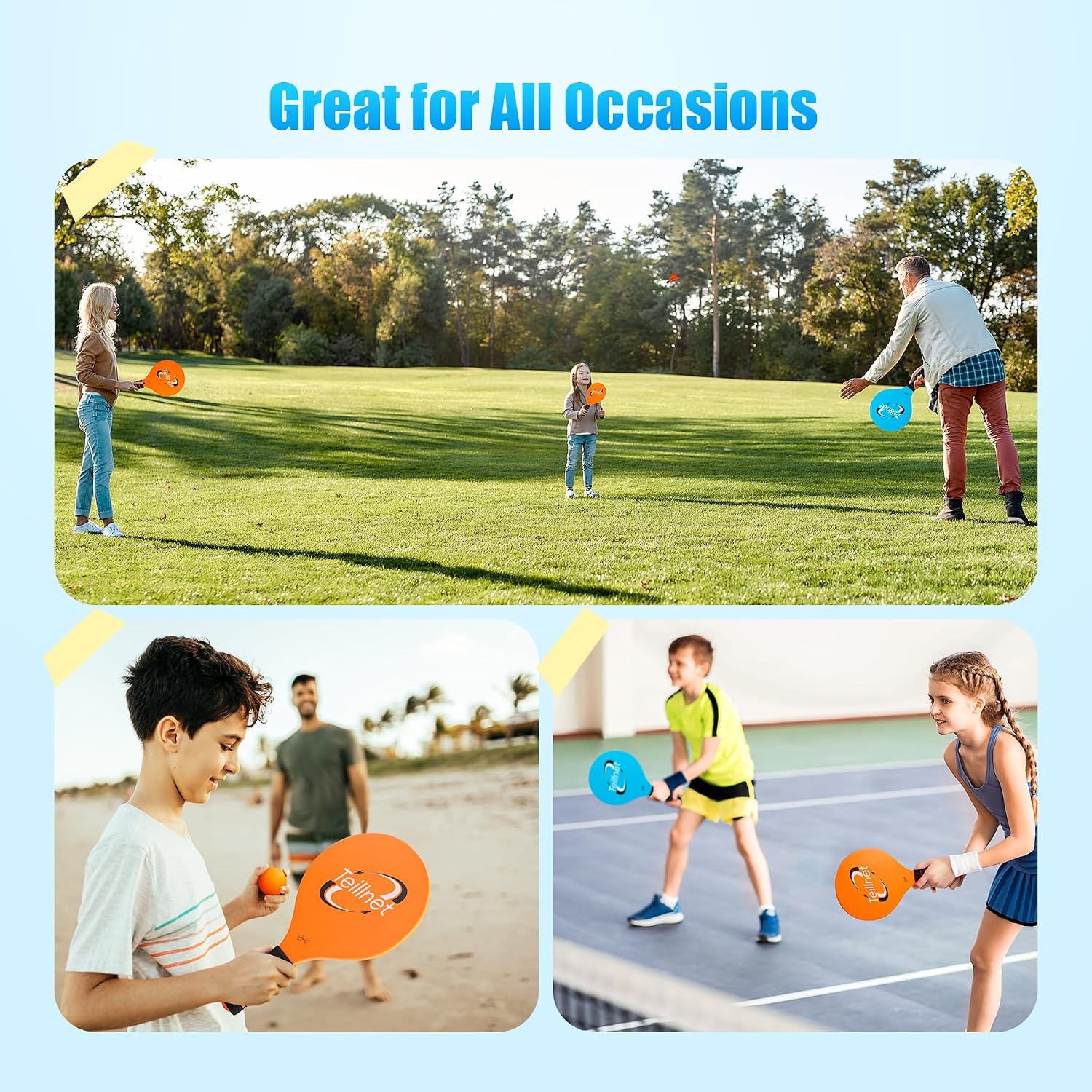 Beach Paddle Ball Set, Badminton Set, Family Games for Kids Adults | Beach Backyard Games with 4 Rackets, Beach Toys