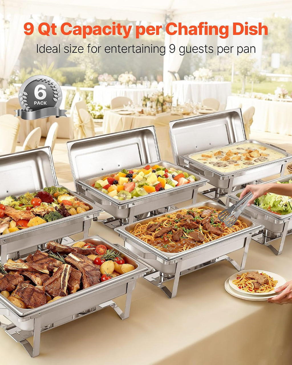 Rectangle Chafing Dishes, 9 Qt 6 Pack Stainless Steel Chafing Dish, Food Warmer Chafer Complete Set with Hollow