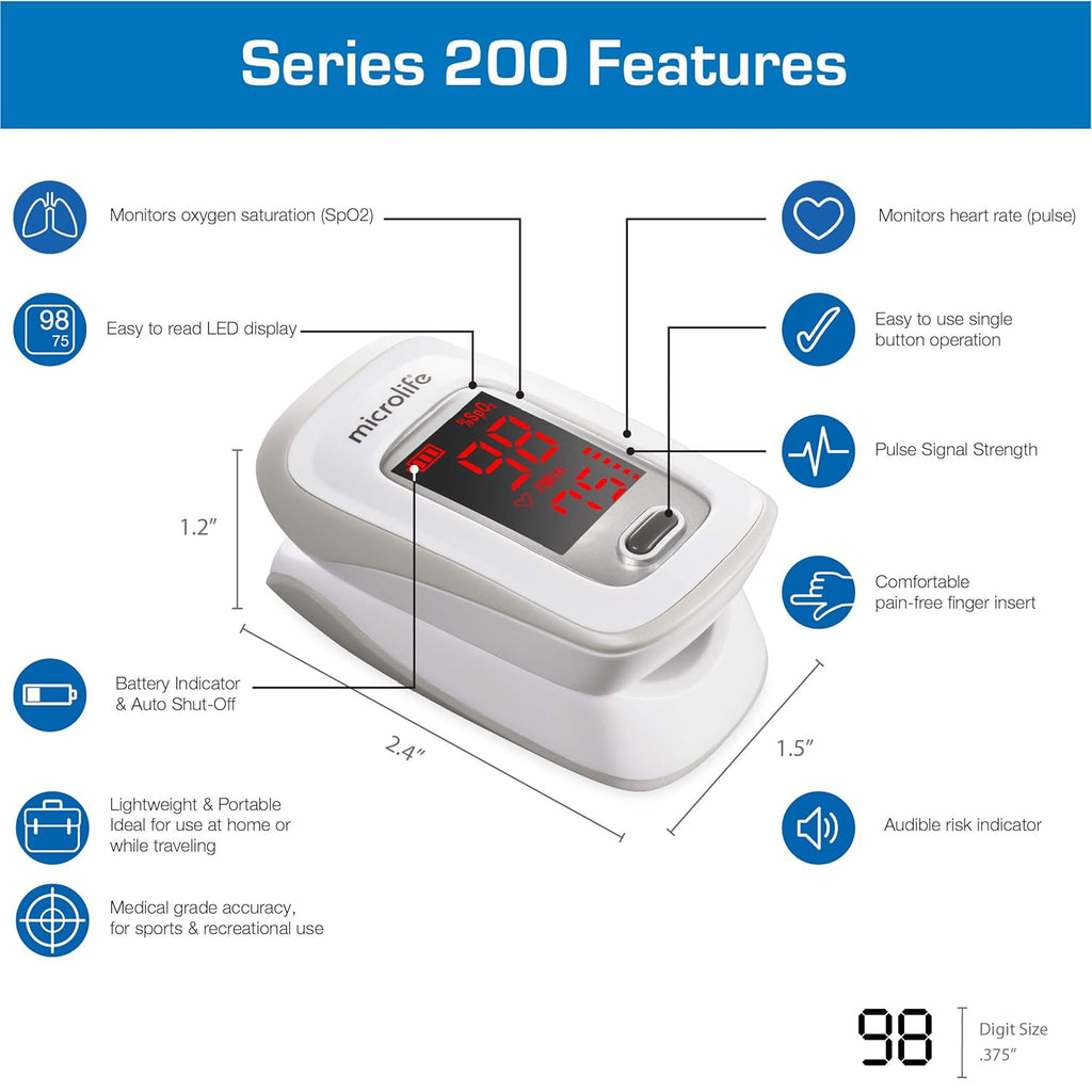 Series 200 Fingertip Pulse Oximeter, Blood Oxygen Saturation (SpO2) and Heart Rate Monitor, Includes Batteries