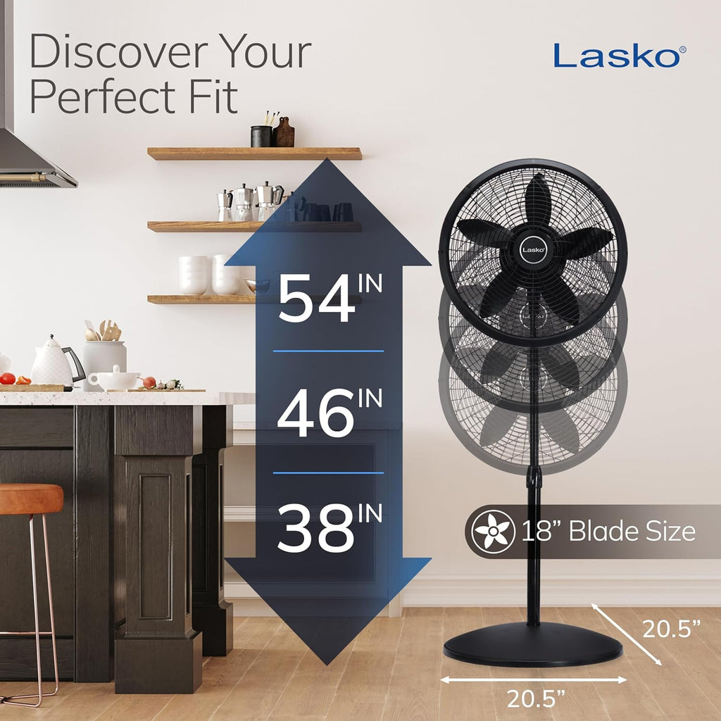 Pedestal Fan, Oscillating Fan for Bedroom with Adjustable Height and 3 Cooling Speeds, Portable, 18", Black, 1827
