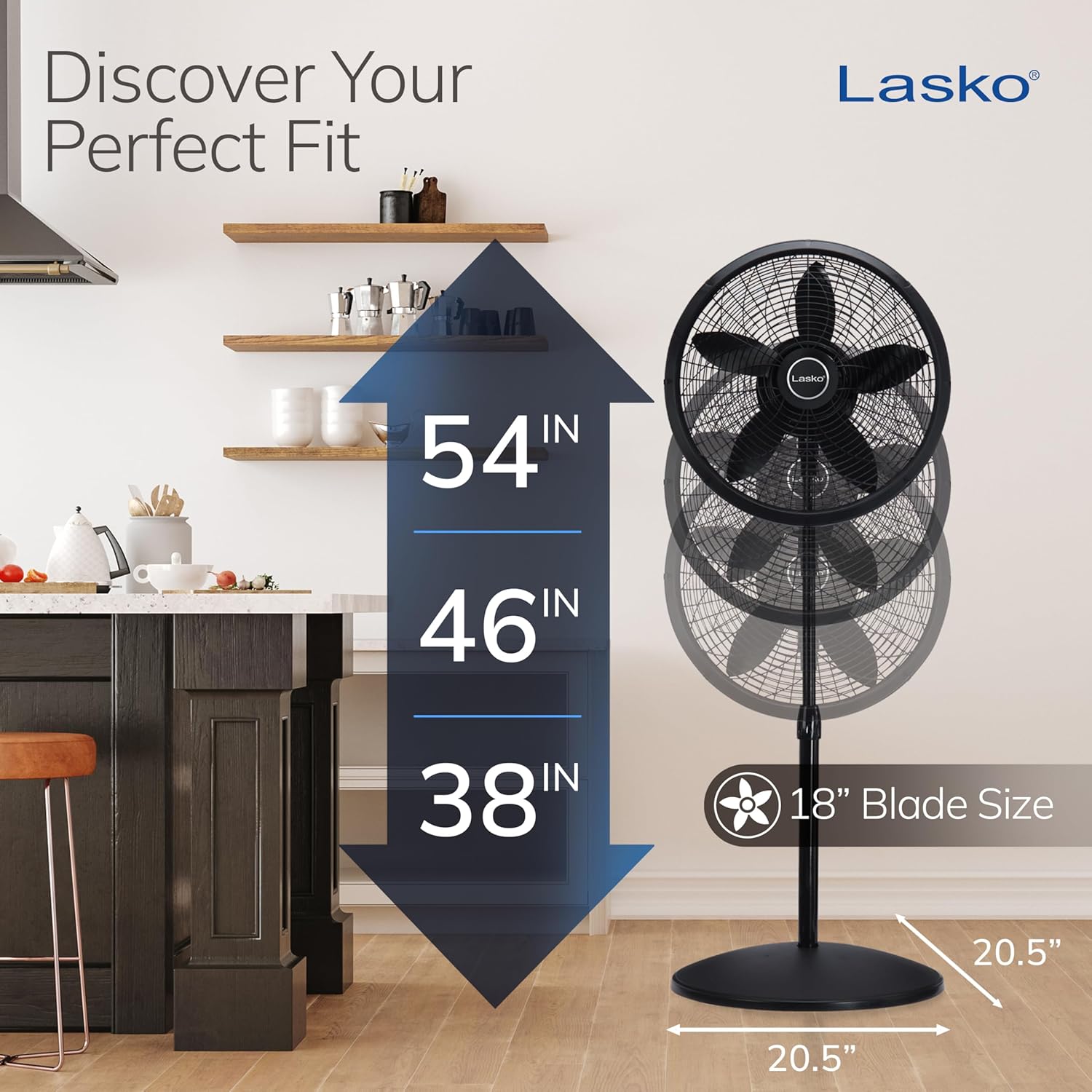 Pedestal Fan, Oscillating Fan for Bedroom with Adjustable Height and 3 Cooling Speeds, Portable, 18", Black, 1827