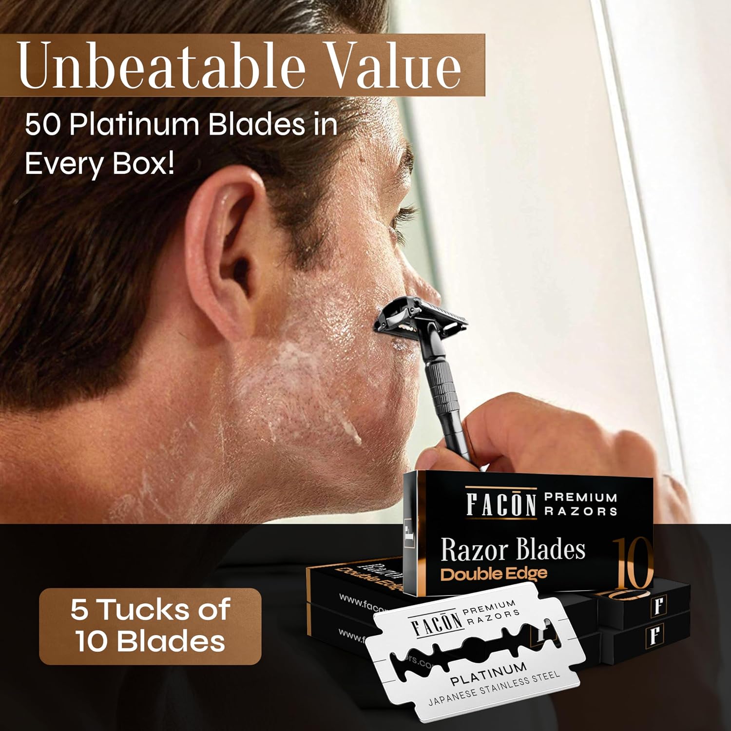 50 Facón Double Edge Razor Blades for Safety Razor, Safety Razor Blades for Shaving, Platinum Japanese Stainless