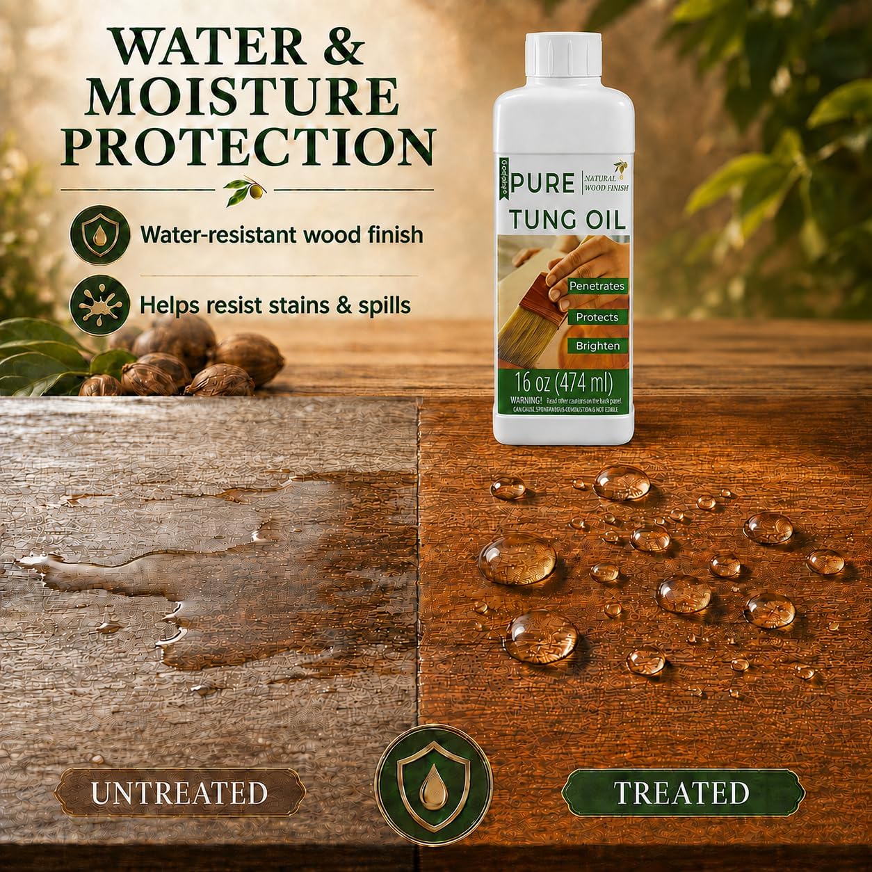 16oz 100% Pure Tung Oil, Food Safe Waterproof Wood Finish with Easy Cloth | Deep-penetrating wood sealer enhances