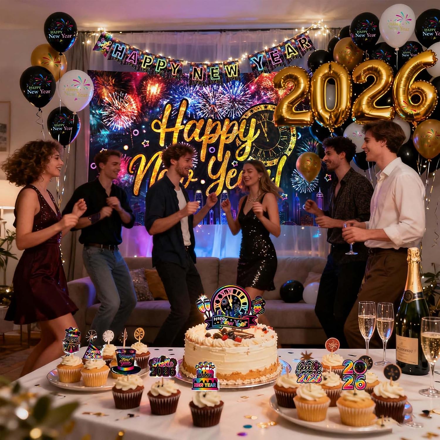 Neon Happy New Years Eve Party Decorations Supplies 2026 - Rainbow NYE Decorations Backdrop Banner, 2026 Foil