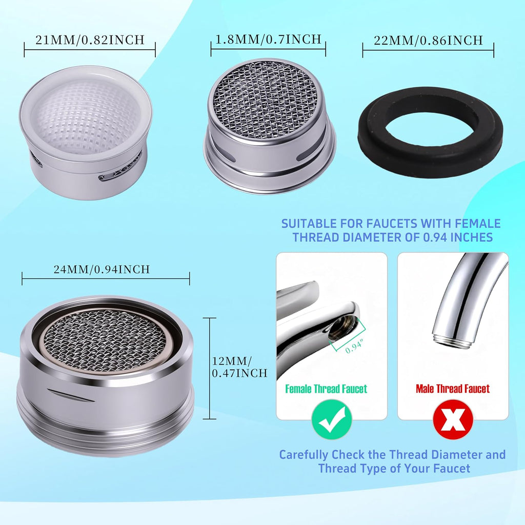Kitchen Faucet Aerator Replacement, Anti-Splash with Multi-Size Wrench, 10 Pack M24 (15/16") & 2 Pack M22 (55/64")