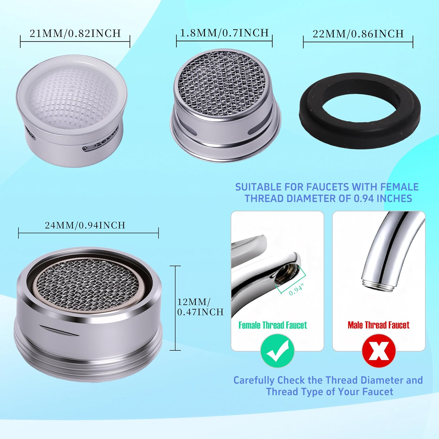 Kitchen Faucet Aerator Replacement, Anti-Splash with Multi-Size Wrench, 10 Pack M24 (15/16") & 2 Pack M22 (55/64")