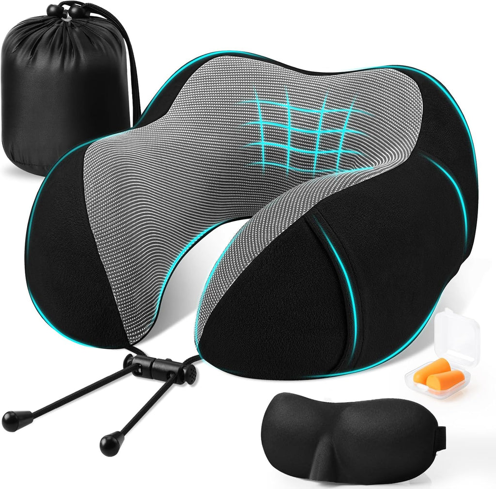 Travel Pillow for Airplane, Memory Foam Neck Pillow for Travel, Compact Flight Pillow with Eye Mask, Earplugs, Carry