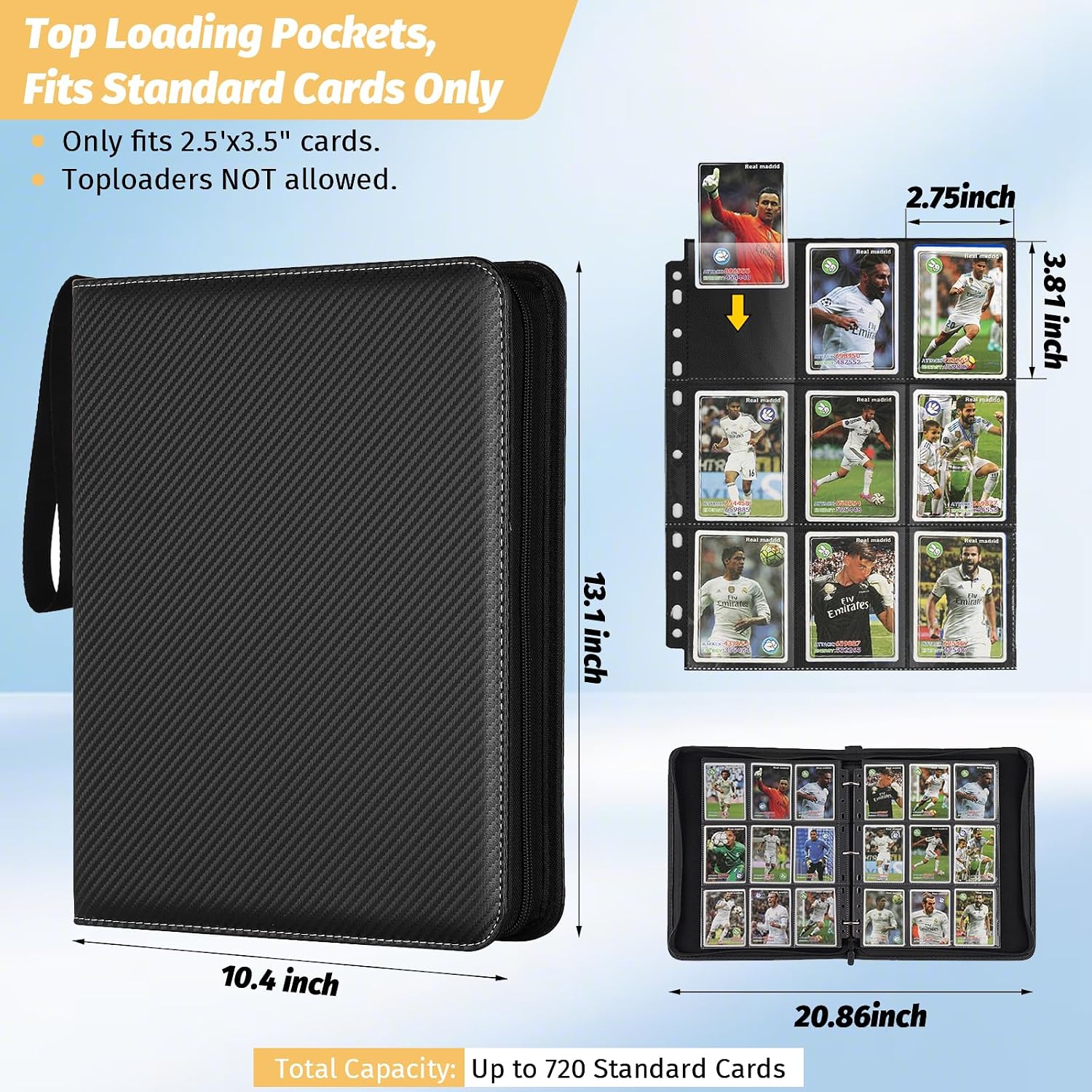 9 Pocket Trading Card Binder,720 Cards,40 Top-Loading Pages, Double Sided Pockets PU Cover Zipper Collection Album