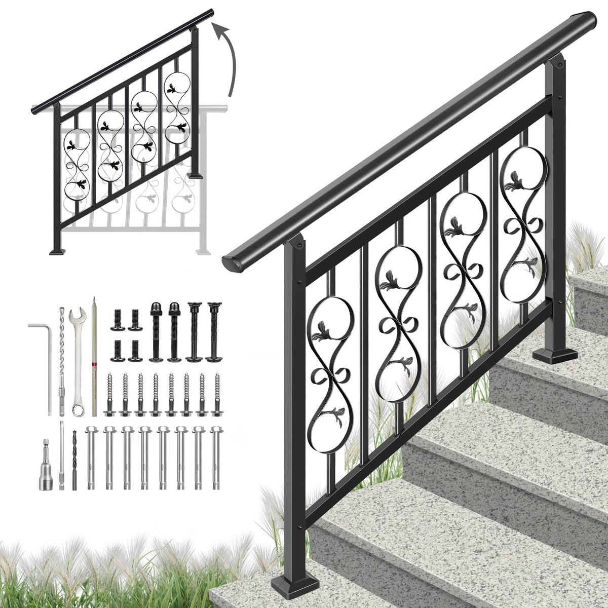 Adjustable Unique Design Handrails for Outdoor Steps, Black
