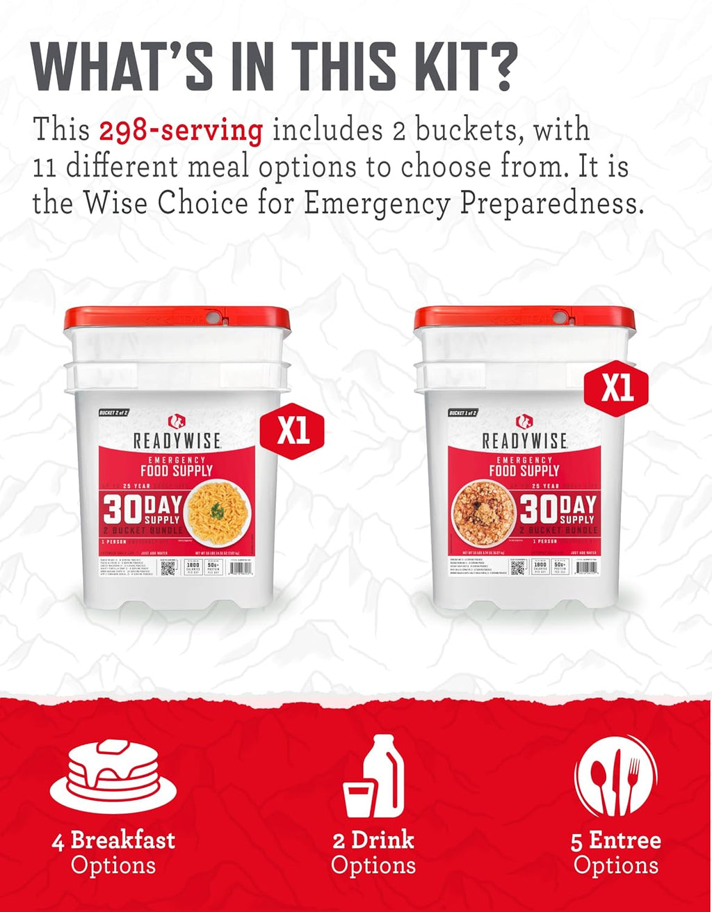 30 Day Emergency Food Supply - 296 Servings, 2 Buckets, Freeze Dried Protein Meals, Survival Food Storage, Ready to