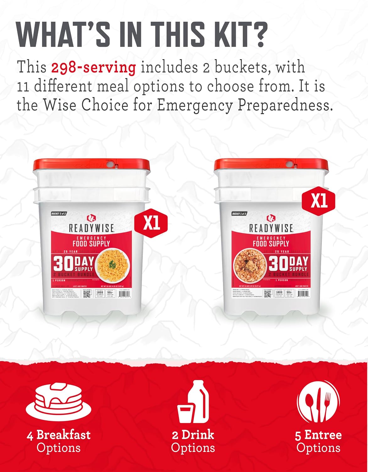 30 Day Emergency Food Supply - 296 Servings, 2 Buckets, Freeze Dried Protein Meals, Survival Food Storage, Ready to