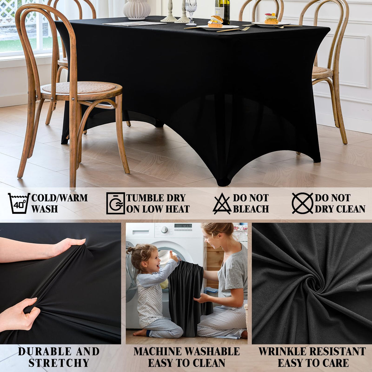 Table Cloth Black 4FT Spandex Stretch Covers for Rectangle Tablecloth