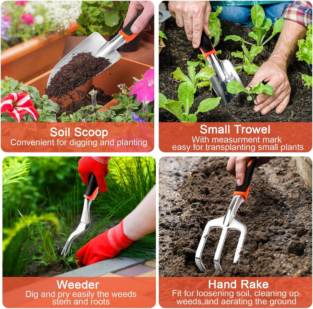 Garden Tools Set, 8 Piece Gardening Tools Set with Non Slip Ergonomic Handle, Heavy Duty Garden Tool Set with Storage