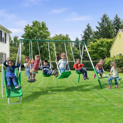 Park Ridge Metal Swing Set for Ages 3-8, 2 Swings, Standing Swing, Roman Glider, Teeter Totter, 5ft Slide, 6.1ft