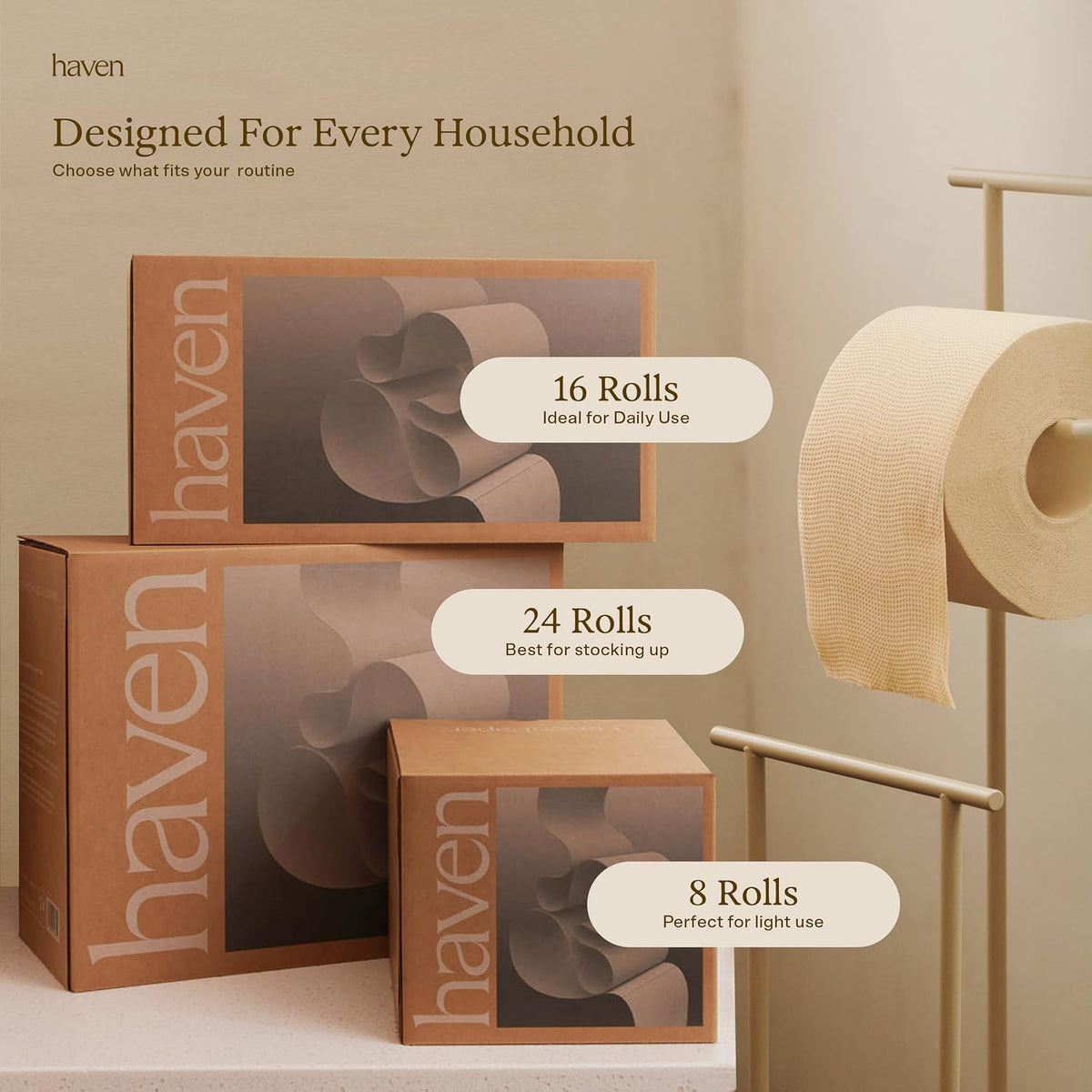 Haven Organic Bamboo Toilet Paper, Unbleached, 3-Ply, 24 Rolls, 300 Sheets