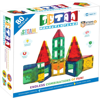 Tiles 80-Piece Magnetic Tiles Building Set, Ergonomic Design, Kids’ STEM Toy, Race Cars, Architectural Building