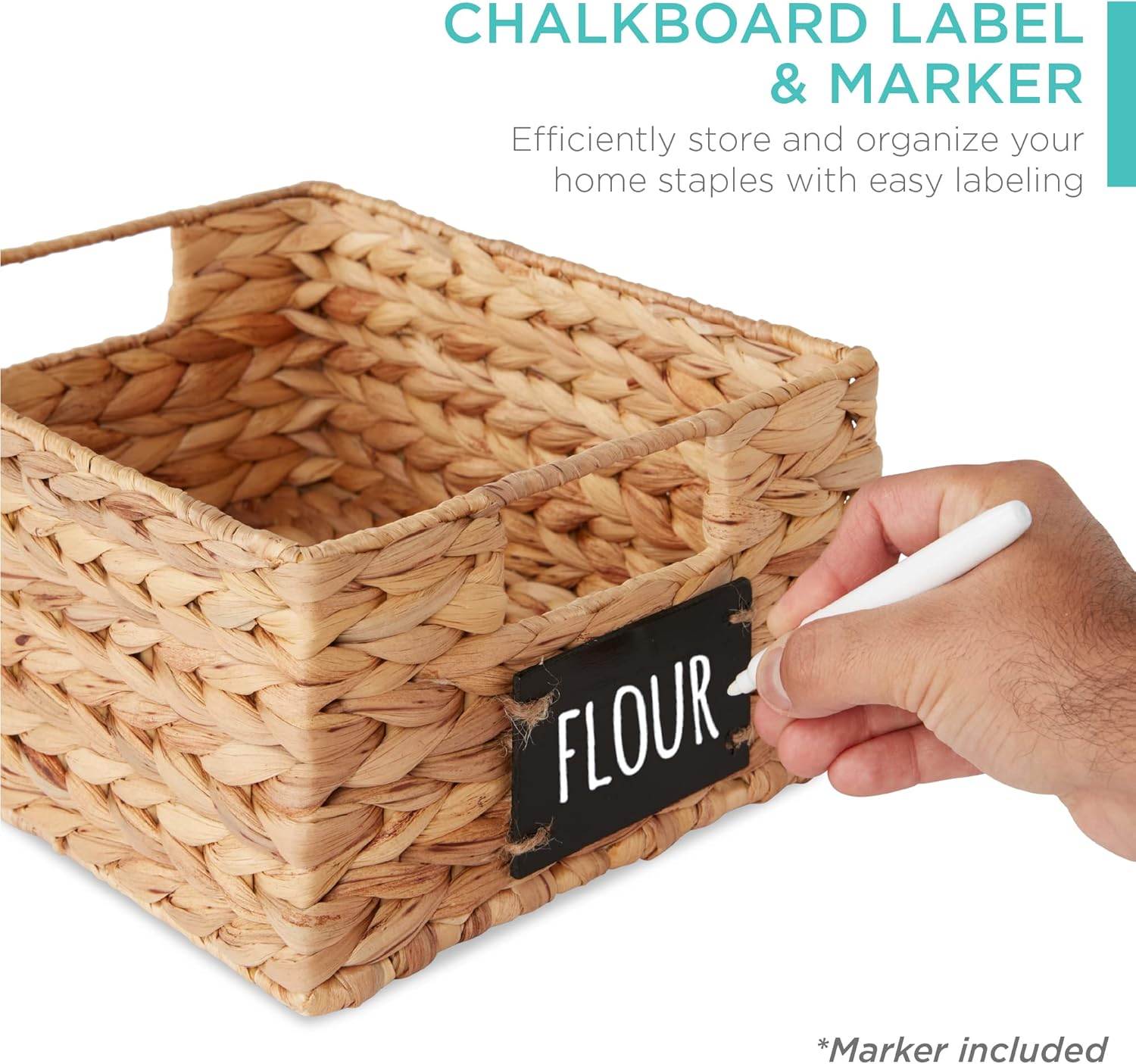 Set of 4 9x12in Water Hyacinth Pantry Baskets, Woven Organizers w/Chalkboard Label, Chalk Marker - Natural
