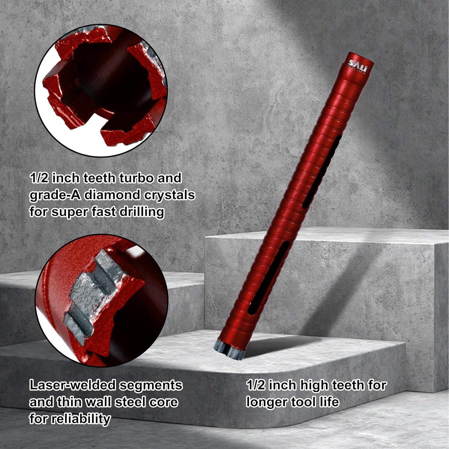 Diamond Core Drill Bits 1 1/2" Diameter 10"/254mm Drilling Depth 5/8-11" Thread Core Bit Turbo Laser-Welded Segments