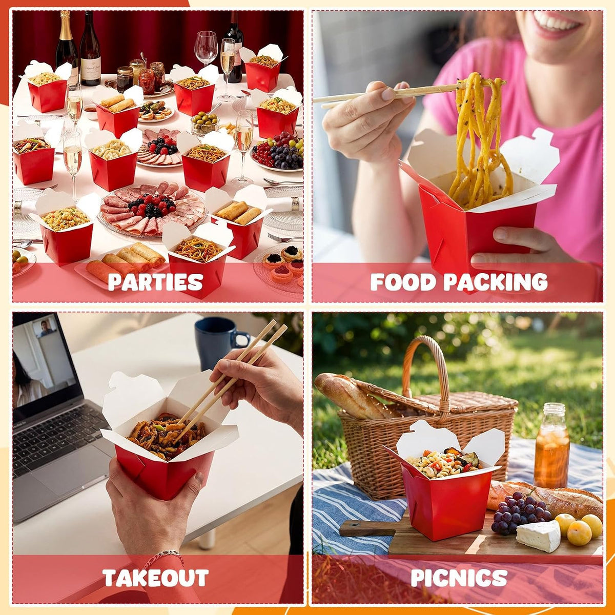 100 Pack 16 oz Chinese Take out Boxes Food Box, Red