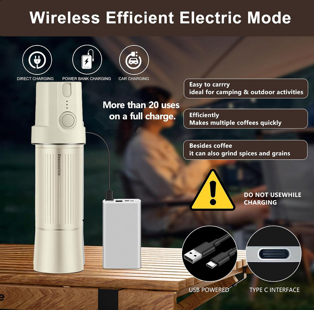 Burr Coffee Grinder 2-in-1 Manual/Electric, Milky | 40mm Stainless Steel Conical Burr, USB Rechargeable, 16 Grind