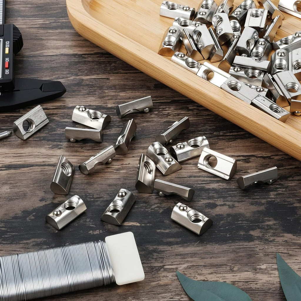 100 Pcs 40 Series M8 Thread T Spring Nut Carbon Steel European Standard M8 T Nuts Half Round Roll in Spring for 3D Printer, Aluminum Extrusion Profile, Silver