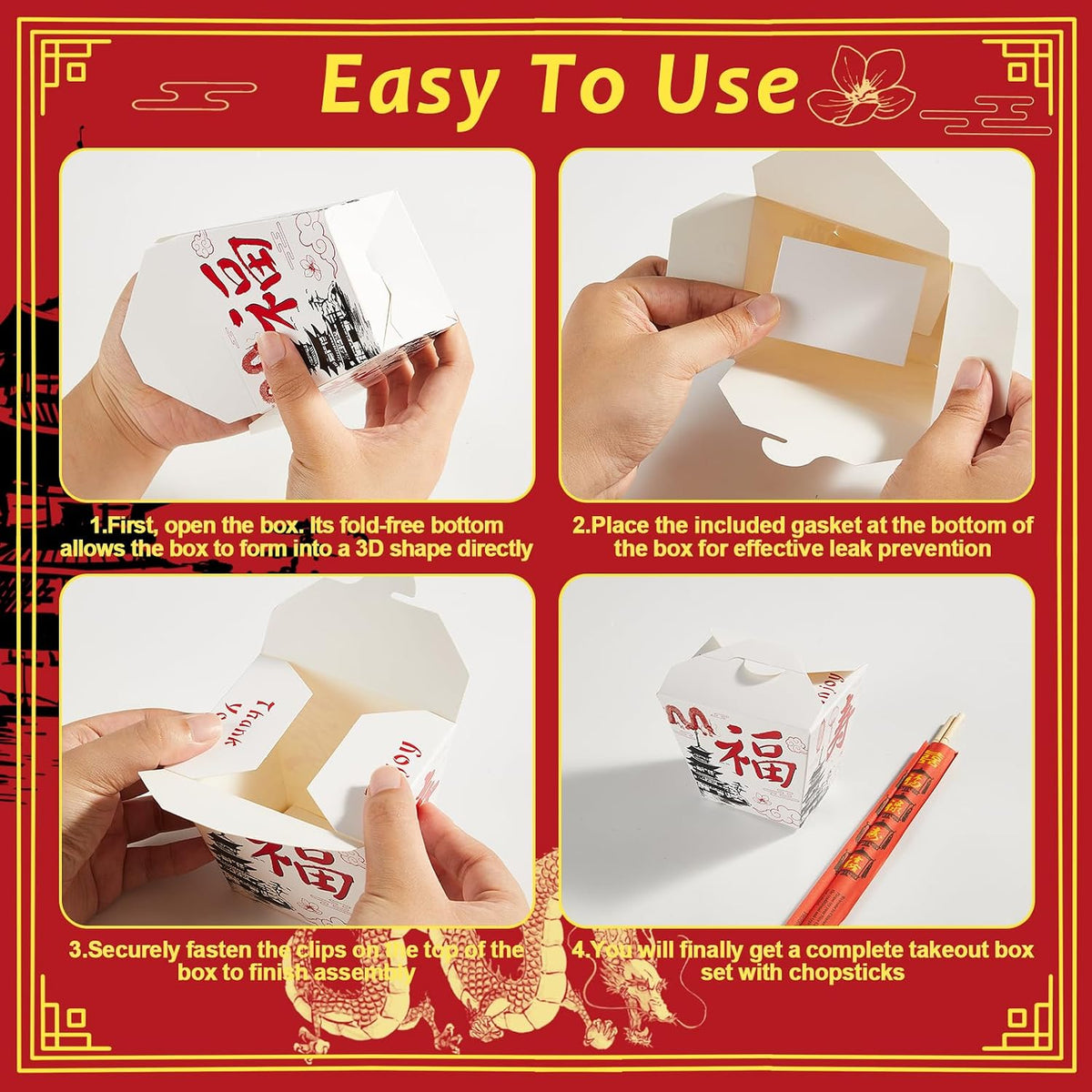 50 Sets White Chinese Take Out Food Boxes with Chopsticks