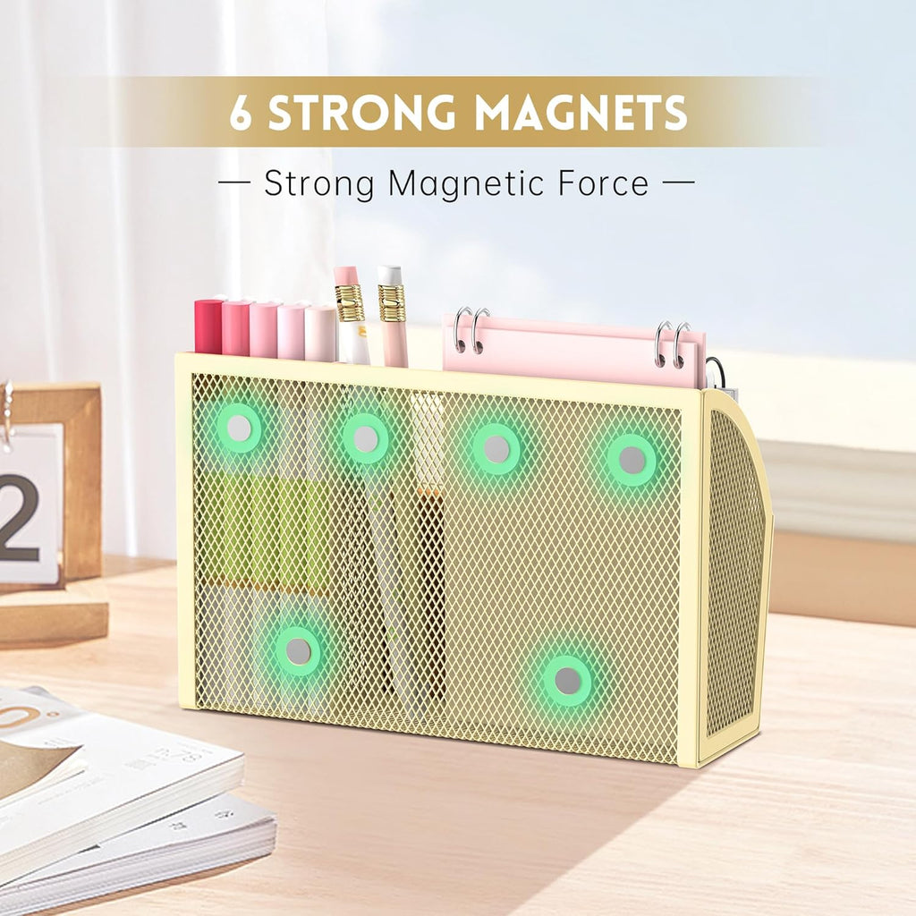 3-Grid Magnetic Pencil Holder, Strong Magnet Locker Organizer, Yellow | Mesh Magnetic Shelf, Marker Holder Perfect
