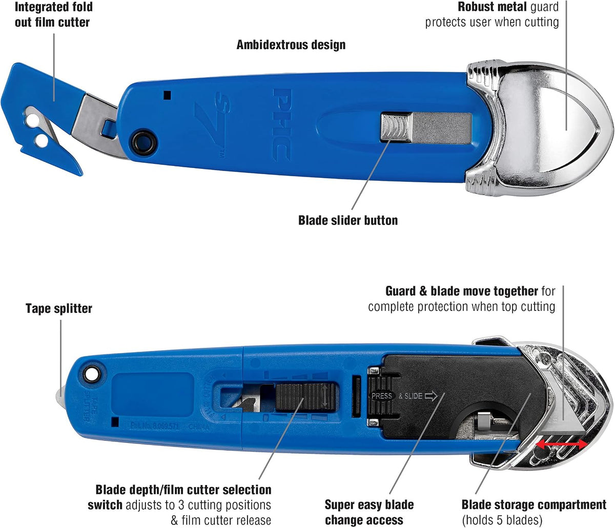 S7 Safety Cutter, 3-in-1 Self-Retractable Utility Knife with Fold-Out Film Cutter, Bladeless Tape Splitter, Guard for